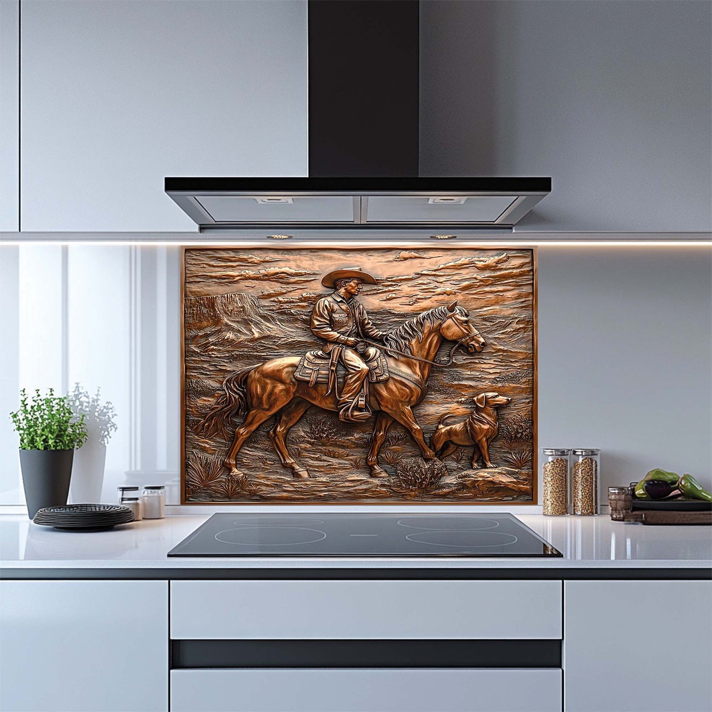 Desert Trail – Tempered Glass Backsplash with Cowboy and Dog | Western Backsplash