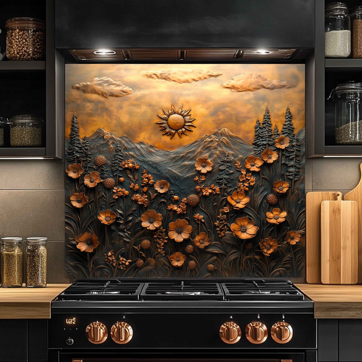 Golden Bloom Tempered Glass Backsplash – Floral Mountain Kitchen Stove Splashback