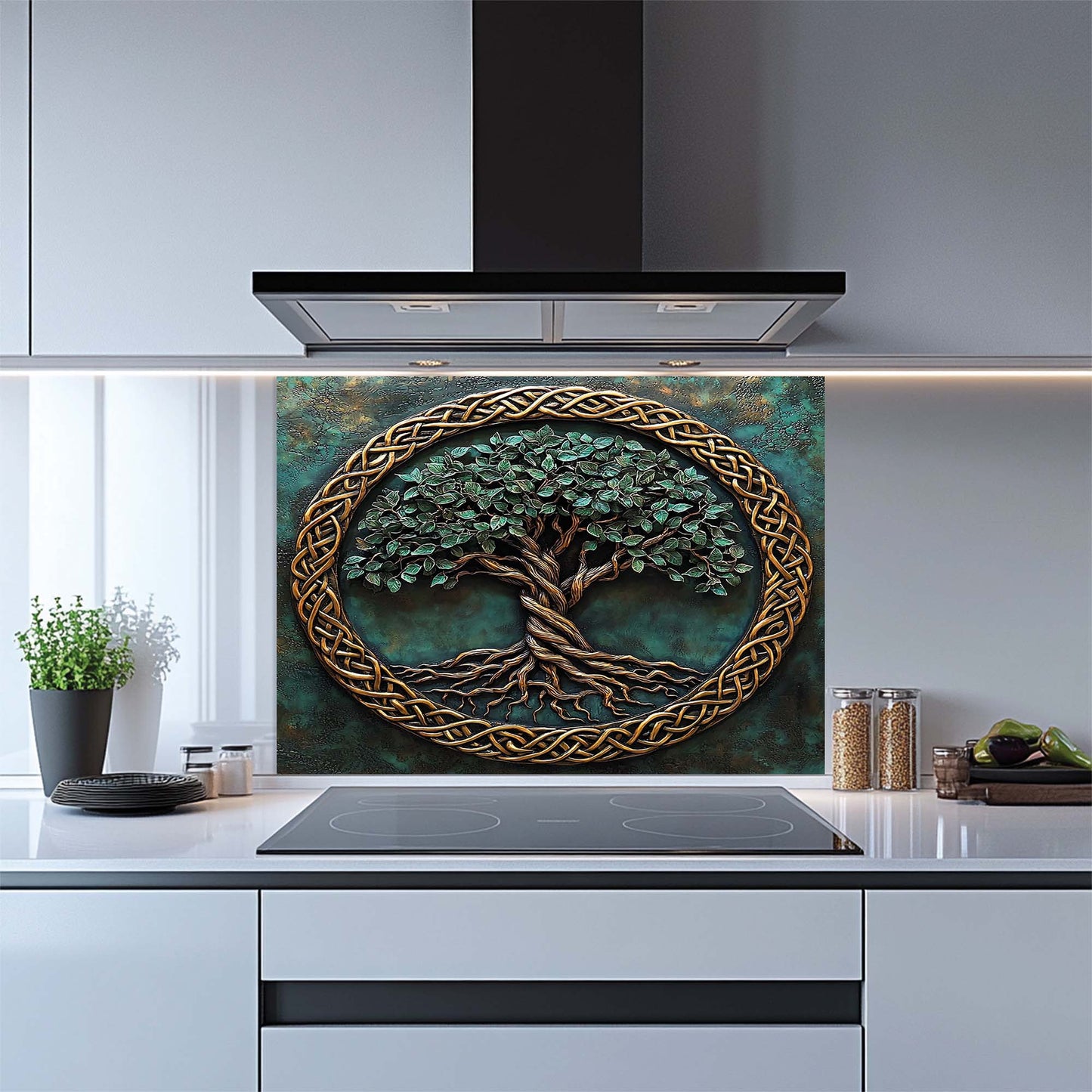 Verdant Embrace – Tree of Life Tempered Glass Backsplash | Copper Look Kitchen Backsplash
