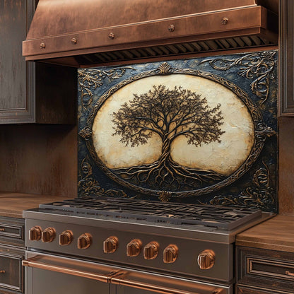 Royal Roots Tempered Glass Backsplash – Vintage Tree of Life Kitchen Stove Backsplash