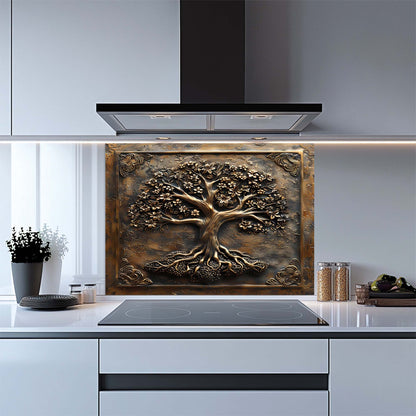Floral Roots – Tempered Glass Backsplash for Kitchen Stove | Copper Look Tree of Life Backsplash
