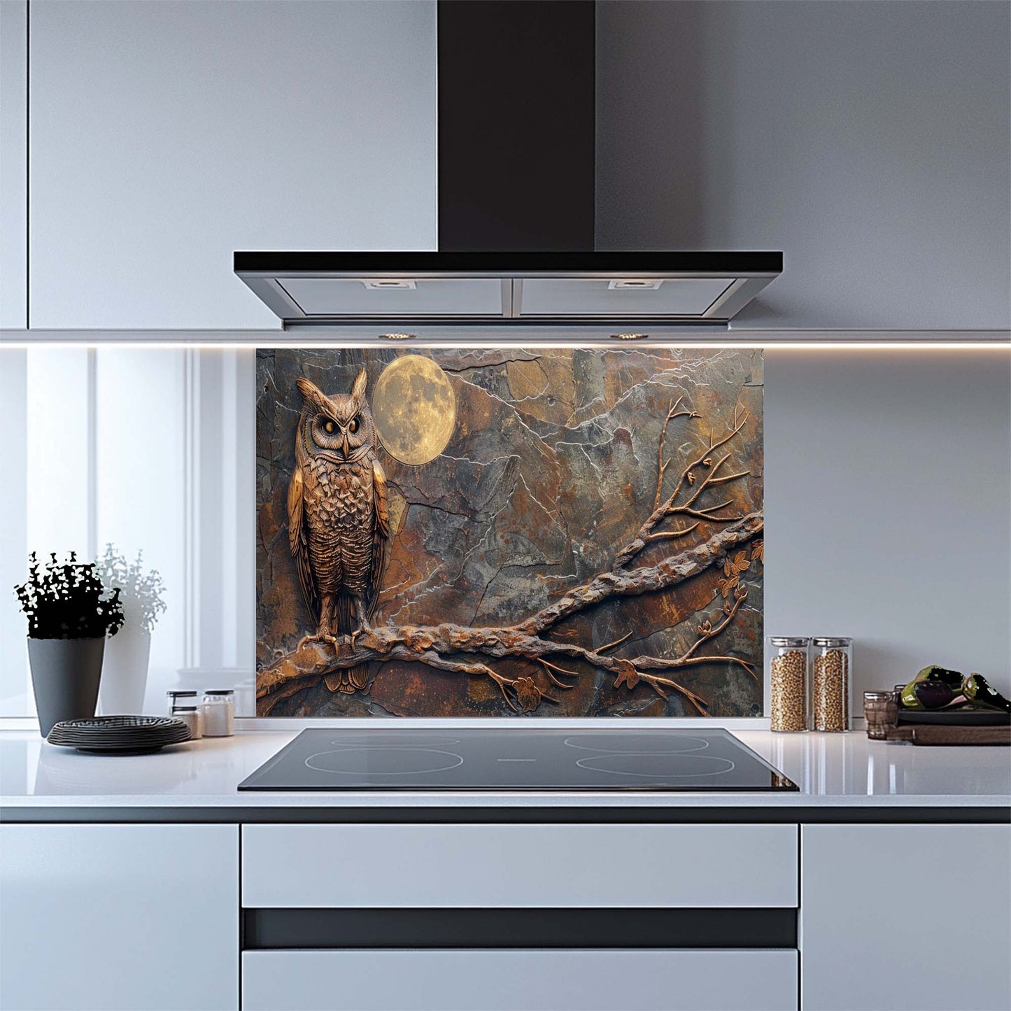 Midnight Owl Watch Tempered Glass Backsplash | Owl and Full Moon Backsplash