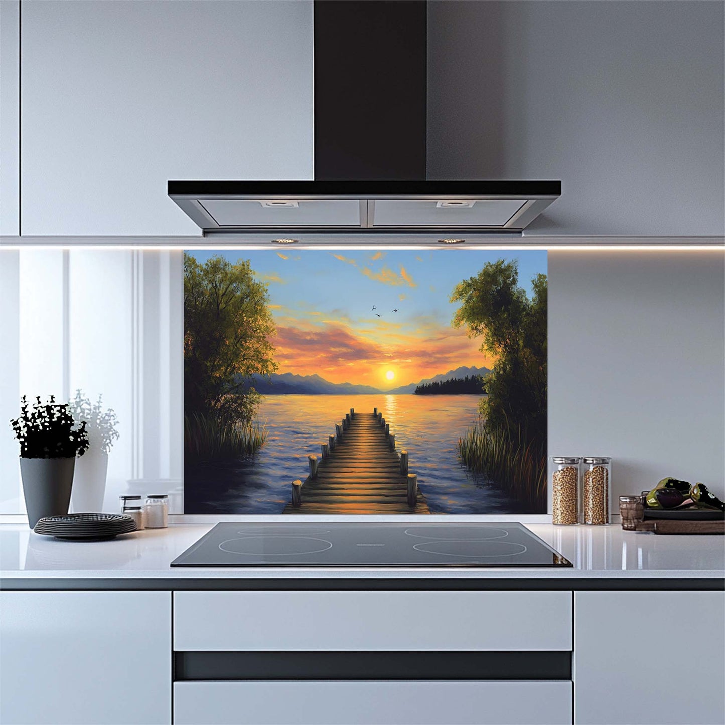 Golden Dock – Tempered Glass Backsplash for Kitchen Stove | Lakeside Sunset Backsplash