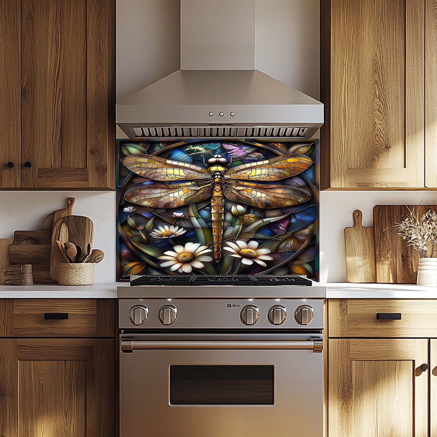Golden Flight – Tempered Glass Backsplash for Kitchen Stove | Dragonfly Backsplash
