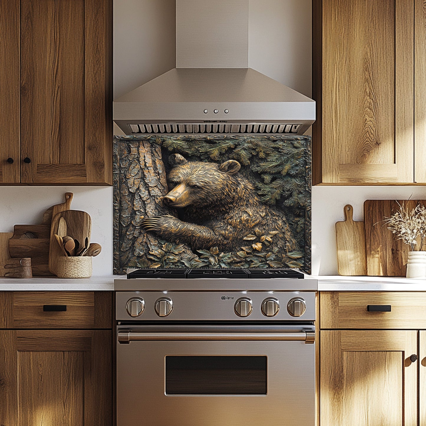 Forest Hug – Tempered Glass Backsplash for Rustic Kitchen | Bear & Pine Tree Copper Look