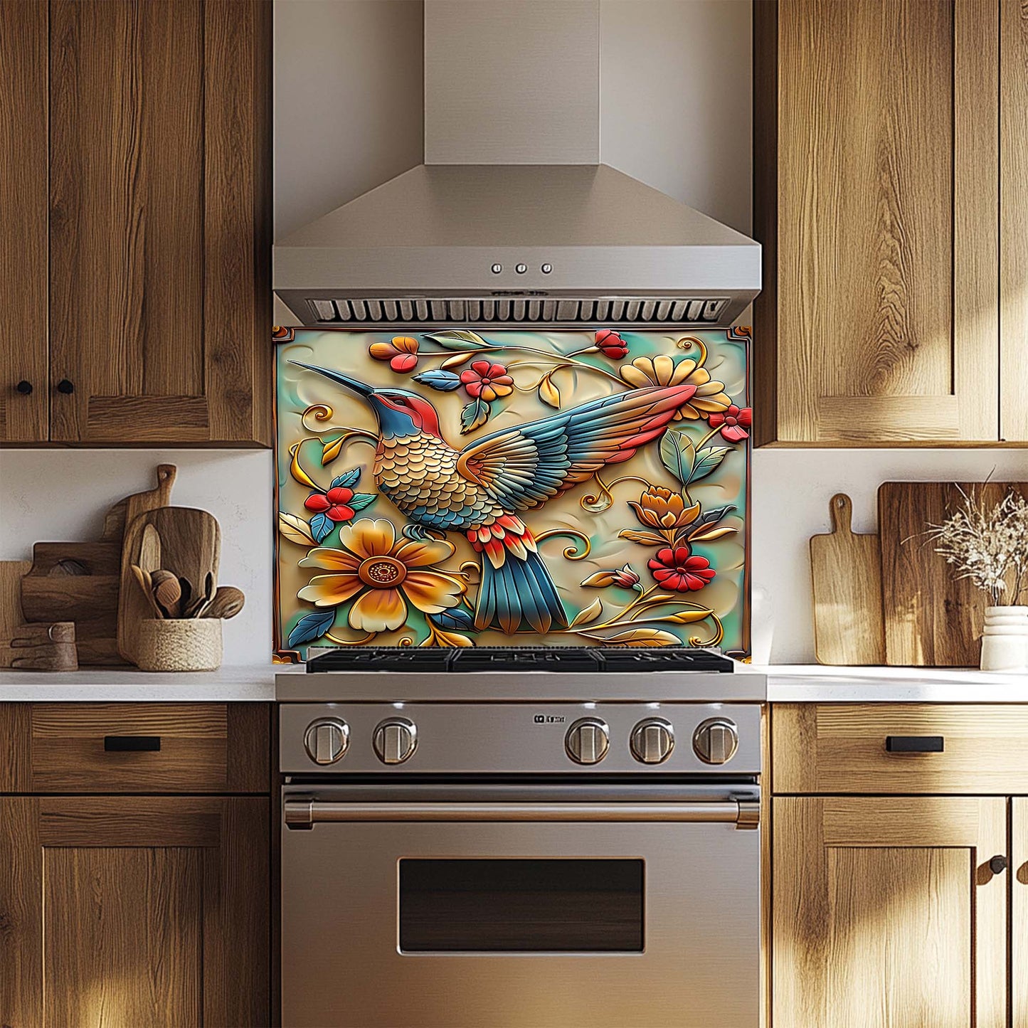 Birdsong Bloom Tempered Glass Backsplash – Colorful Floral & Bird Kitchen Backsplash