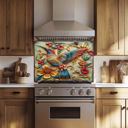 Birdsong Bloom Tempered Glass Backsplash – Colorful Floral & Bird Kitchen Backsplash