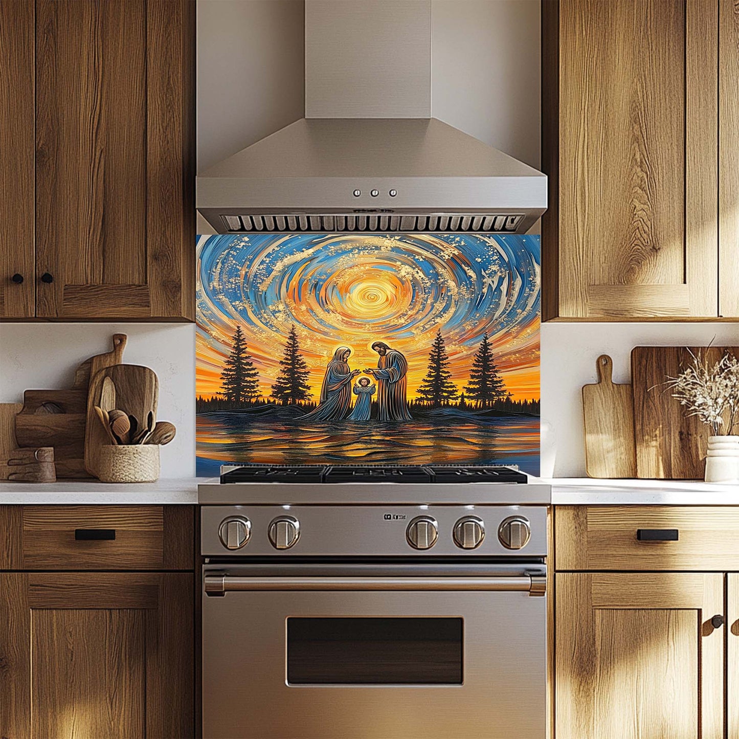 Divine Harmony – Tempered Glass Backsplash for Kitchen Stove | Holy Family Sunset Scene