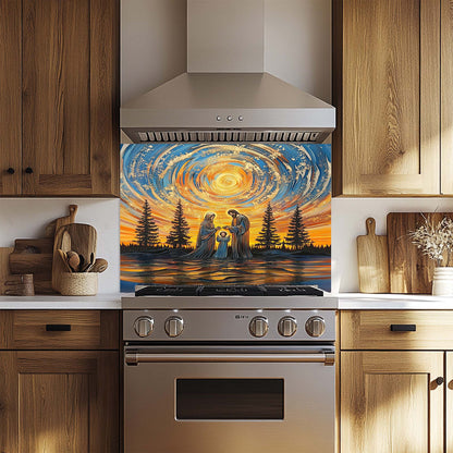 Divine Harmony – Tempered Glass Backsplash for Kitchen Stove | Holy Family Sunset Scene