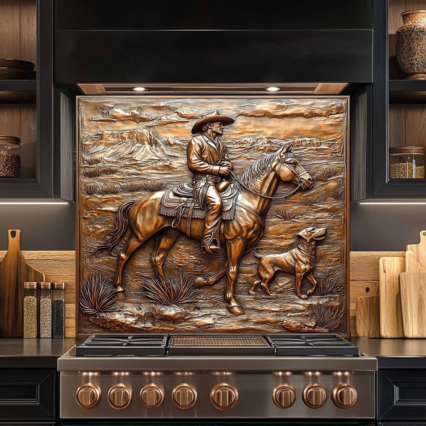 Copper Look Cowboy Tempered Glass Backsplash – Western Kitchen Backsplash for Stove