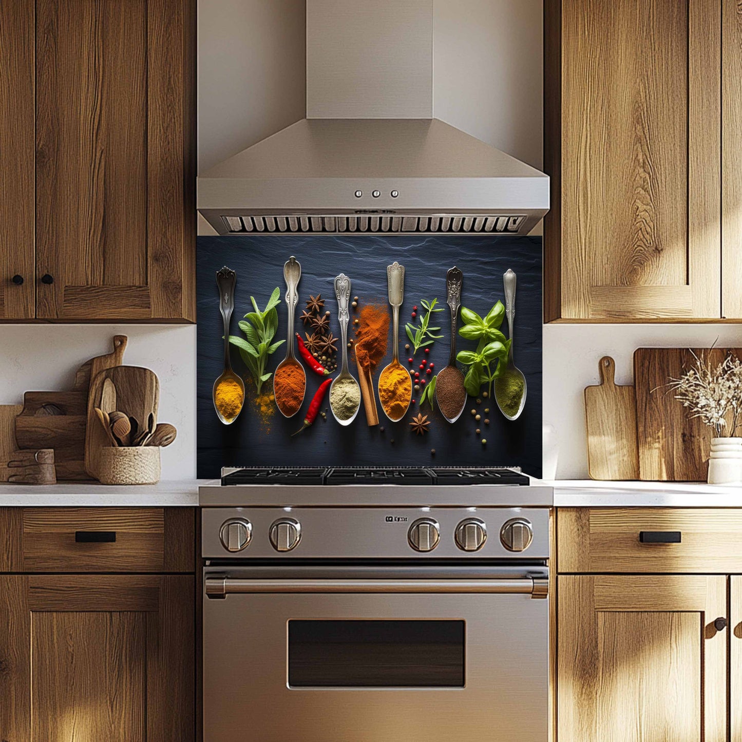 Spice Harmony Tempered Glass Backsplash – Culinary Art Kitchen Wall Decor
