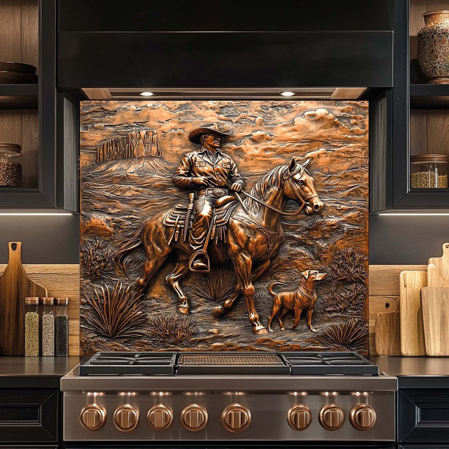 Copper Look Cowboy Tempered Glass Backsplash – Western Kitchen Backsplash Behind Stove