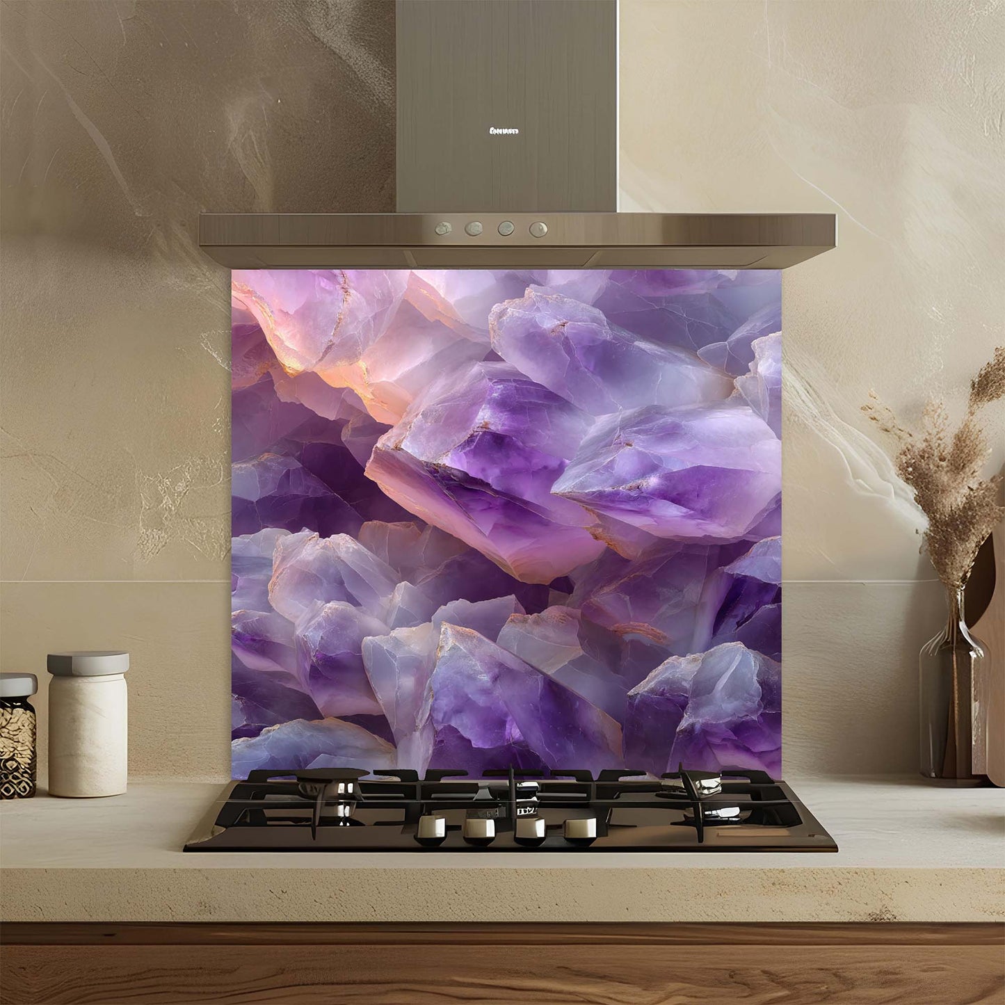 Amethyst Aura – Tempered Glass Backsplash for Kitchen | Spiritual Luxe Design Backsplash