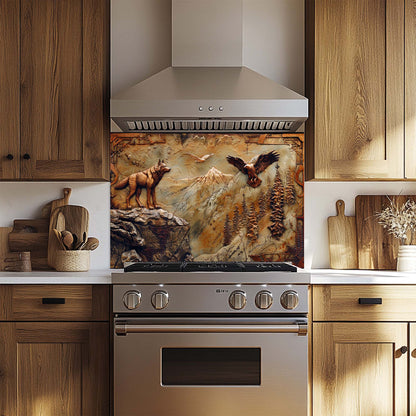 Eagle Wolf – Tempered Glass Backsplash for Kitchen | Bronze Wolf & Mountain Backsplash
