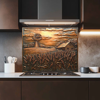 Golden Harvest Tempered Glass Backsplash – Copper Look Farmhouse Scene for Rustic Kitchen Backsplash