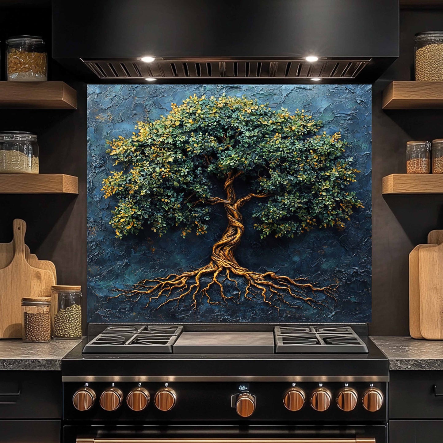Blue Tree of Life Tempered Glass Backsplash – Kitchen Stove Backsplash