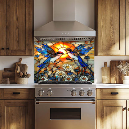 Sunset Song – Tempered Glass Backsplash for Kitchen Stove | Stained Glass Birds Backsplash