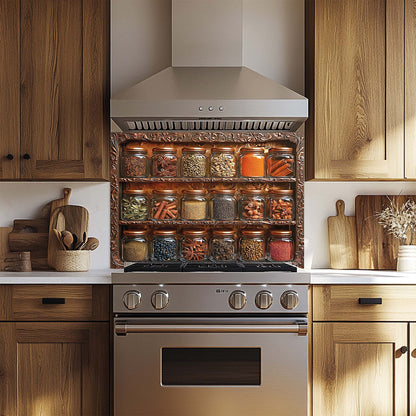 Spice Harmony – Tempered Glass Backsplash for Kitchen | Copper Look Spice Jar Splashback
