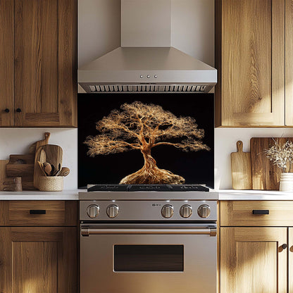 Golden Root – Tempered Glass Backsplash for Kitchen | Tree of Life in Gold Wire Style Backsplash