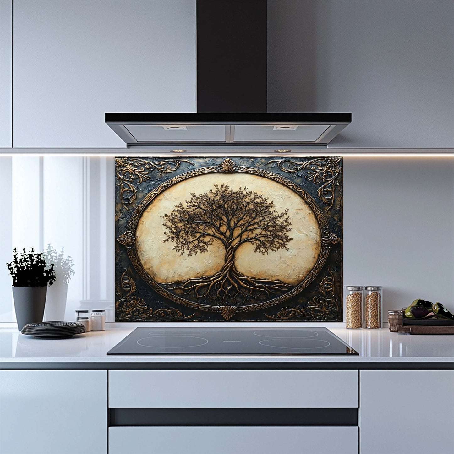 Royal Roots Tempered Glass Backsplash – Vintage Tree of Life Kitchen Stove Backsplash