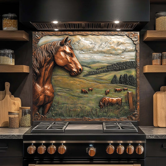 Copper Look Horse Tempered Glass Backsplash – Farmhouse Country Kitchen Backsplash