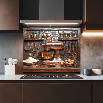 Baker’s Station Tempered Glass Backsplash – Copper Look Rustic Kitchen Backsplash
