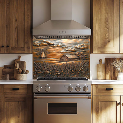 Golden Harvest – Copper Look Tempered Glass Backsplash with Farmhouse Scene