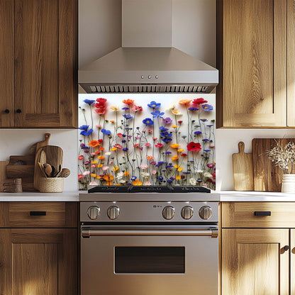 Floral Waltz Tempered Glass Backsplash – Colorful Flower Kitchen Backsplash Tile