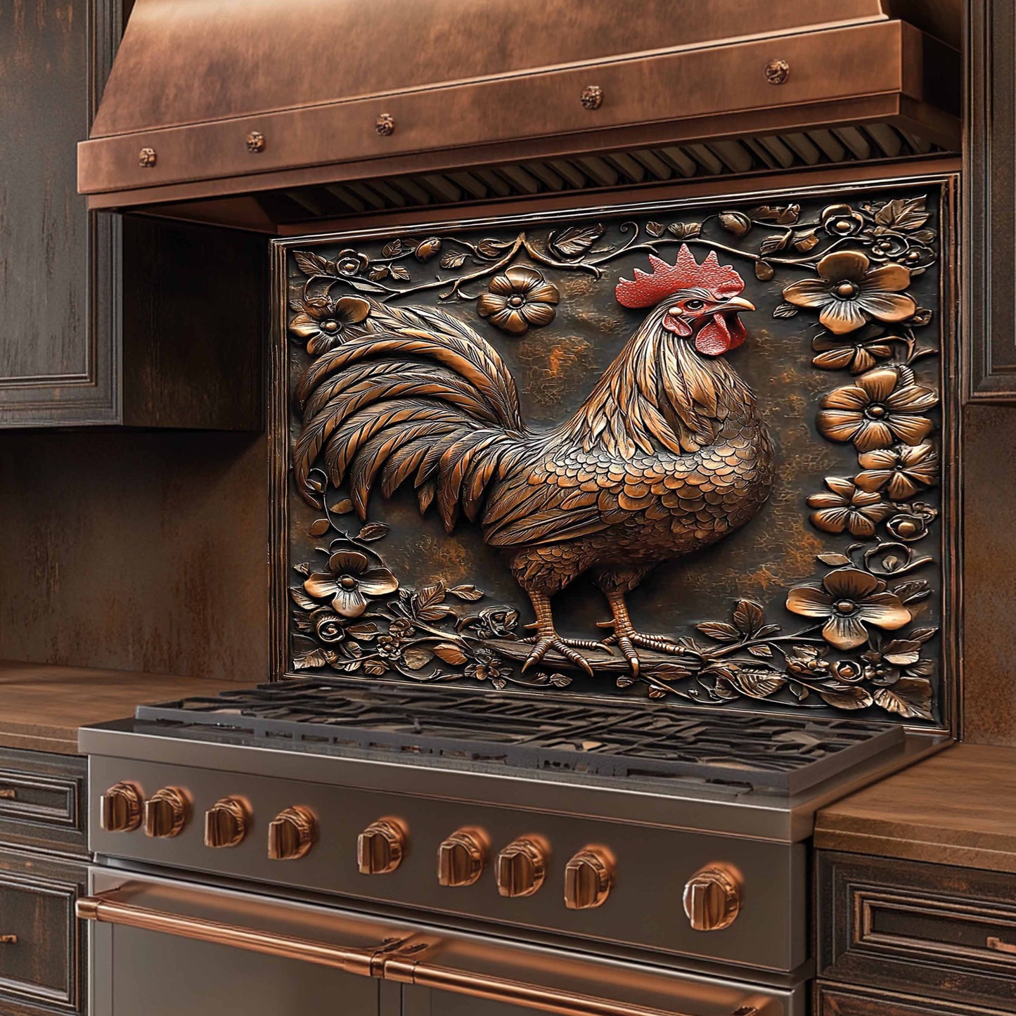Copper Look Rooster Tempered Glass Backsplash – Farmhouse Kitchen Backsplash