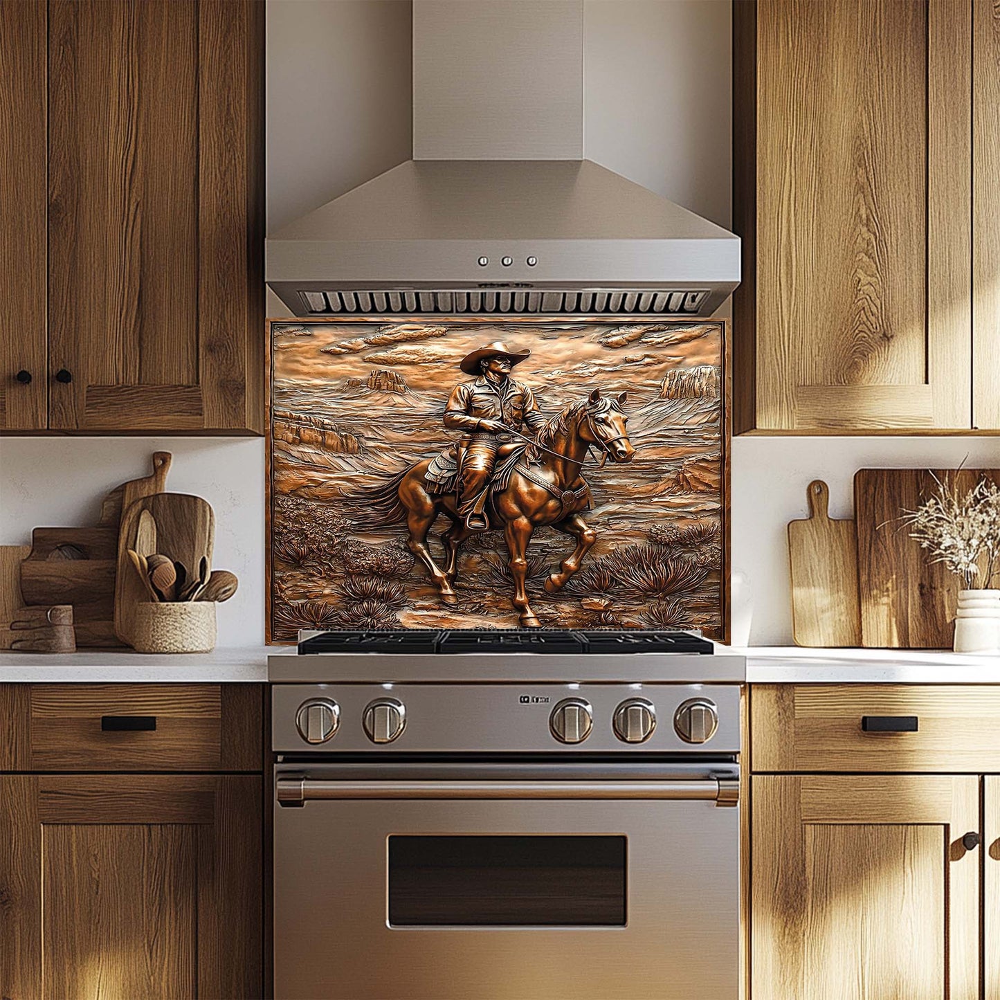 Mesa Rider – Tempered Glass Backsplash with Cowboy and Horse | Landscape Backsplash