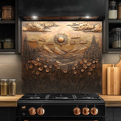 Sunlit Meadow Tempered Glass Backsplash – Floral Mountain Kitchen Backsplash Panel