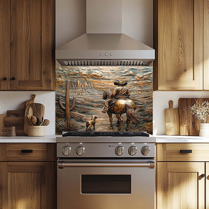 Desert Gaze – Tempered Glass Backsplash with Cowboy, Dog, and Canyon View