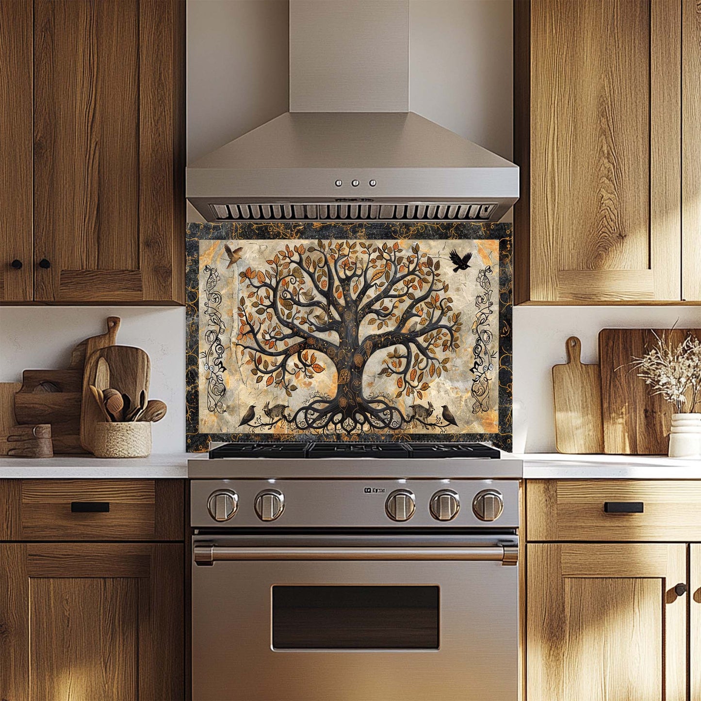 Mystic Grove – Tempered Glass Backsplash for Kitchen | Tree of Life Fantasy Forest Backsplash