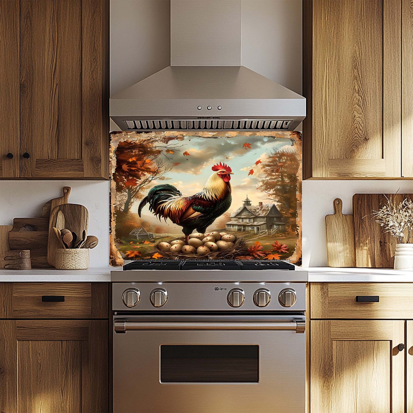 Morning Glory – Tempered Glass Backsplash for Kitchen Stove | Rustic Rooster Backsplash