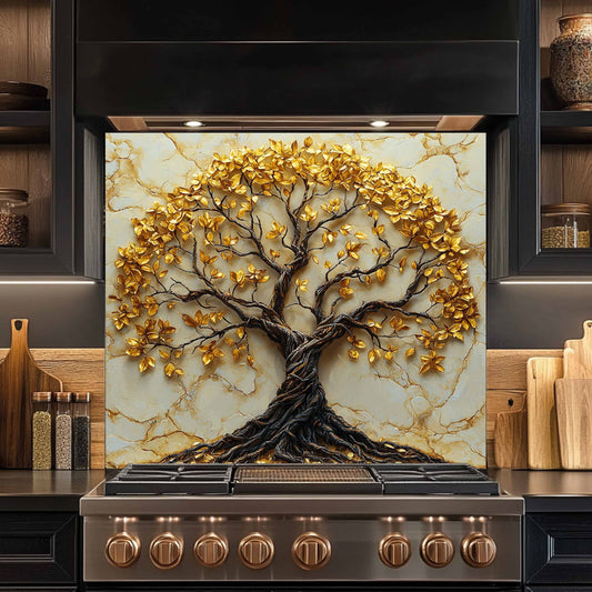 Tempered Glass Backsplash – Gold Marble Tree Kitchen Backsplash