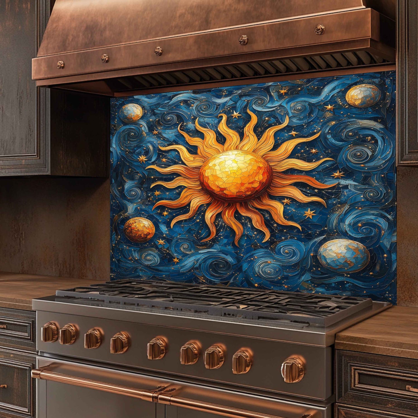 Solar Waltz Tempered Glass Backsplash – Cosmic Sun and Galaxy Kitchen Splashback