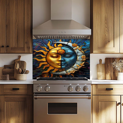 Celestial Harmony – Tempered Glass Backsplash for Kitchen Stove | Sun and Moon Backsplash
