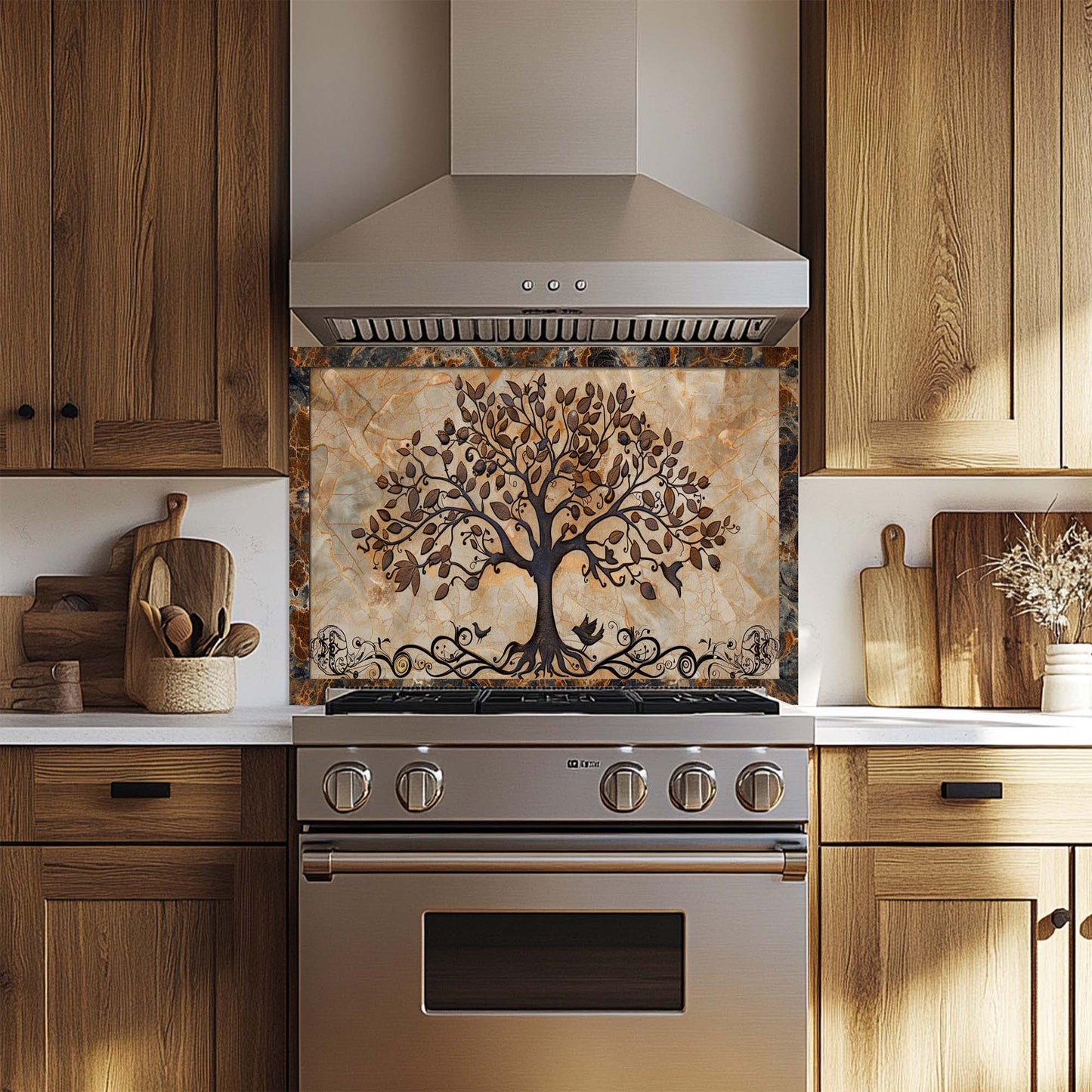 Rooted Melody – Tempered Glass Backsplash for Kitchen | Tree of Life with Birds Backsplash