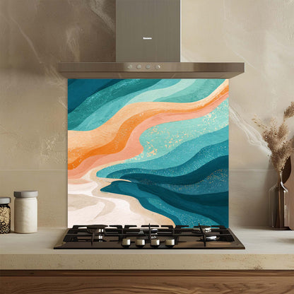Sunset Tide – Tempered Glass Backsplash for Kitchen – Abstract Ocean Wave Splashback