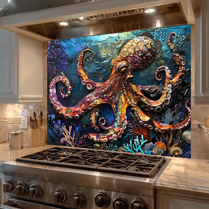 Custom Kitchen Backsplash – Majestic Octopus Tempered Glass Stove Backsplash