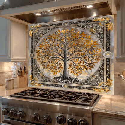 Gilded Harmony Tree of Life Kitchen Backsplash – Tempered Glass Backsplash for Stove