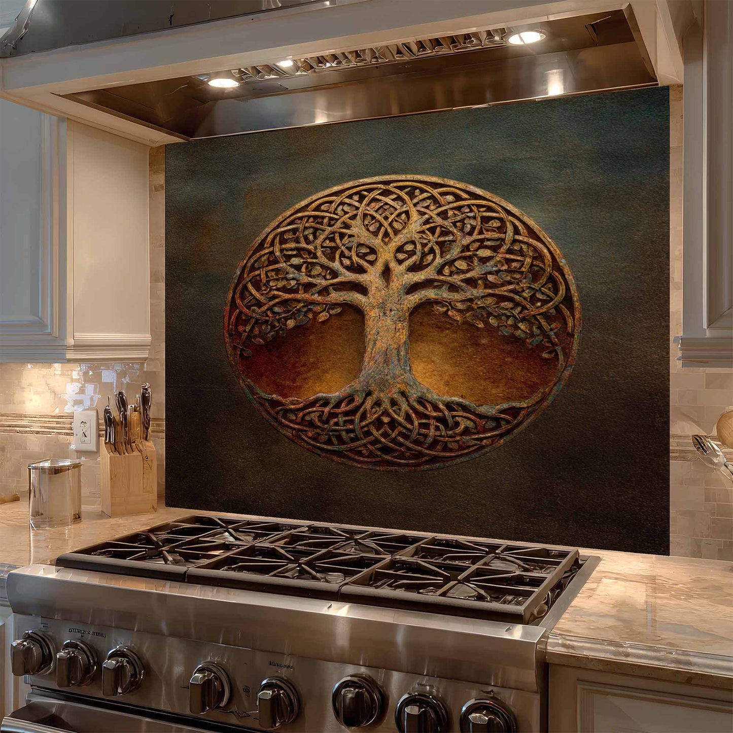 Rustic Knot Tempered Glass Backsplash – Tree of Life Kitchen Backsplash
