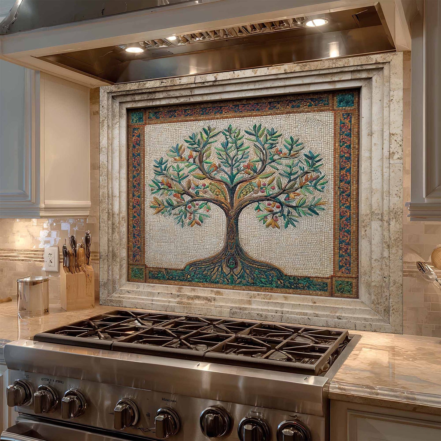 Mosaic Harvest Tempered Glass Backsplash – Mediterranean Tree of Life Kitchen Backsplash