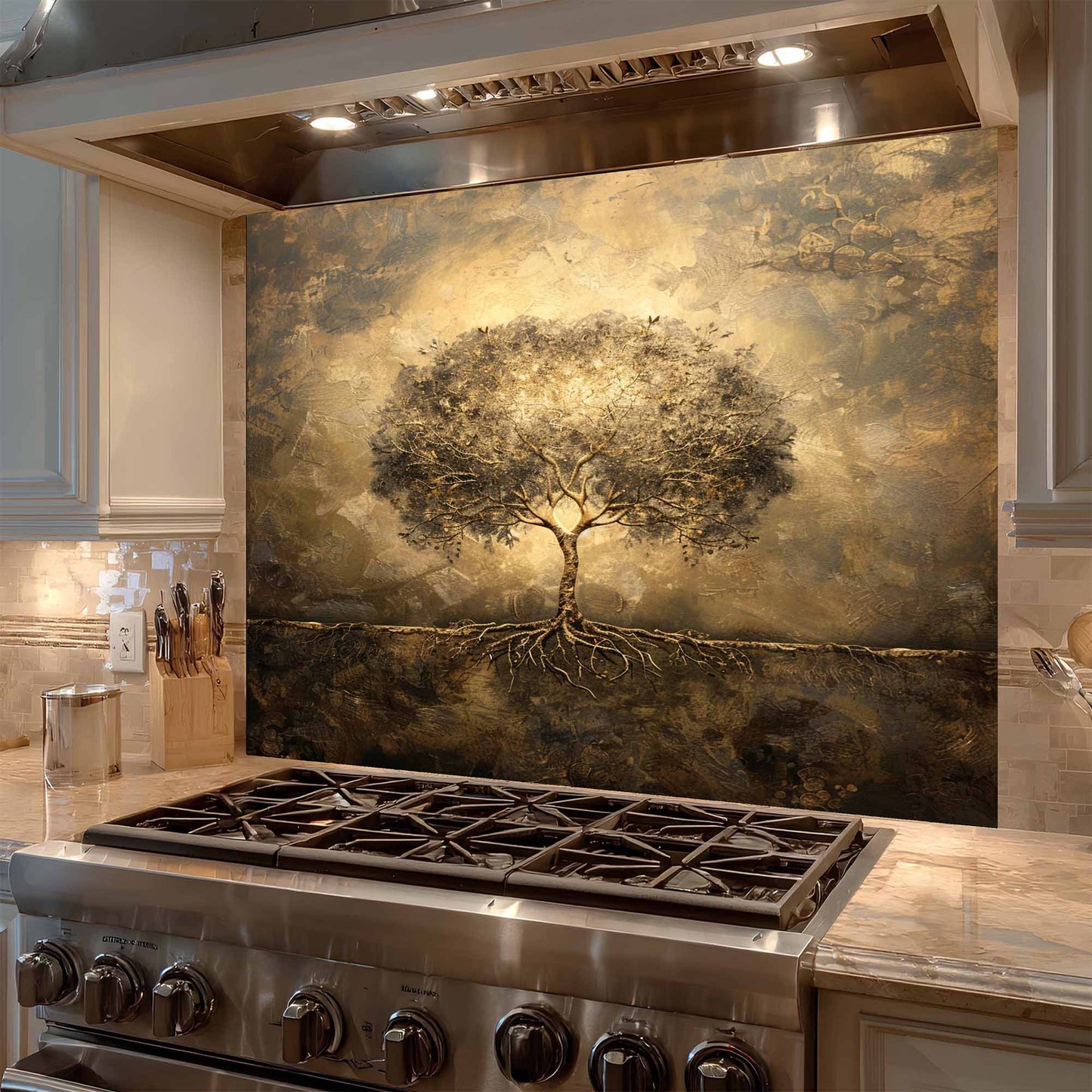 Golden Aura Tempered Glass Backsplash – Tree of Life Kitchen Backsplash