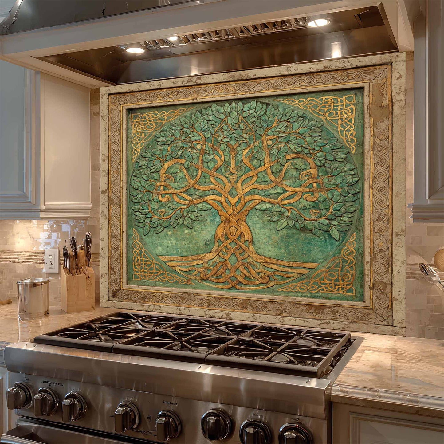 Emerald Gold Tree Tempered Glass Backsplash – Tree of Life Kitchen Backsplash