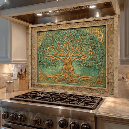 Emerald Gold Tree Tempered Glass Backsplash – Tree of Life Kitchen Backsplash