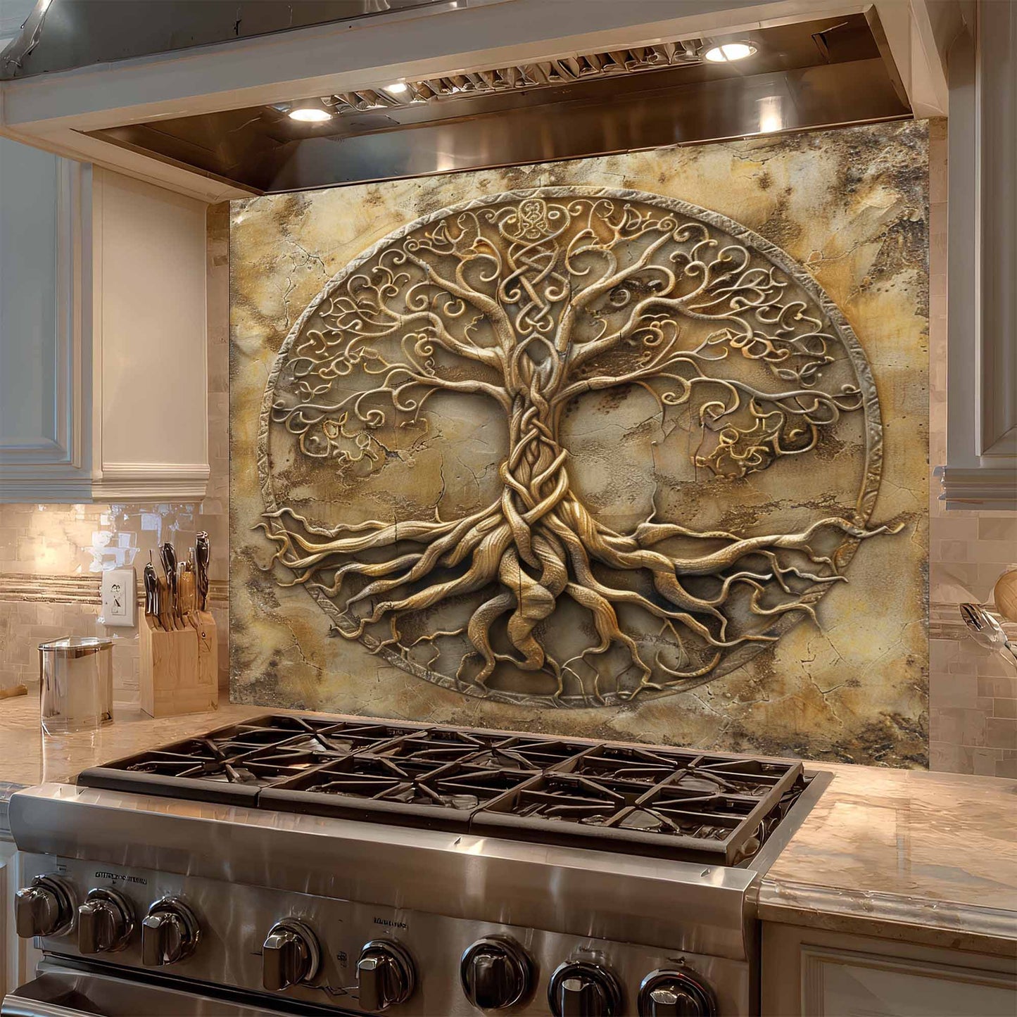 Eternal Roots Kitchen Backsplash –  Stone Look Tree of Life Glass Backsplash