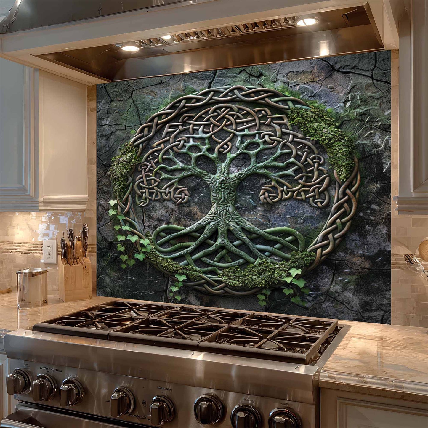 Celtic Roots Tempered Glass Backsplash – Tree of Life Kitchen Backsplash for Stove