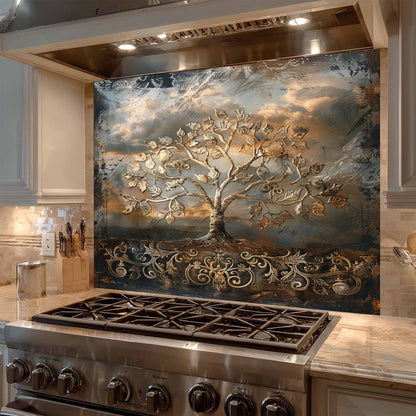 Golden Flourish Kitchen Backsplash –  Tree of Life Glass Backsplash for Stove