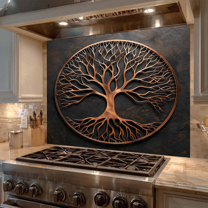 Brushed Roots Tempered Glass Backsplash – Copper Look Tree of Life Kitchen Backsplash